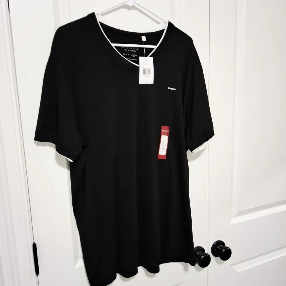 NWT Guess Men's Armin V-Neck Casual Tee, Black w/White Trim, Size XL, New w/Tags - Picture 4 of 16